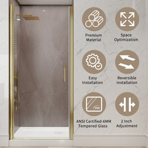 English Elm 34-36 in Frameless Pivot Shower Door Clear Tempered Glass with Brushed Gold Hardware W637P400612
