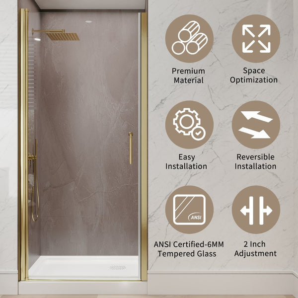 English Elm 34-36 in Frameless Pivot Shower Door Clear Tempered Glass with Brushed Gold Hardware W637P400612