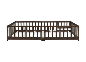 English Elm Queen Floor Bed with Safety Fence and Guardrails, Rubberwood Low Profile Platform for Kids Espresso W504P286390