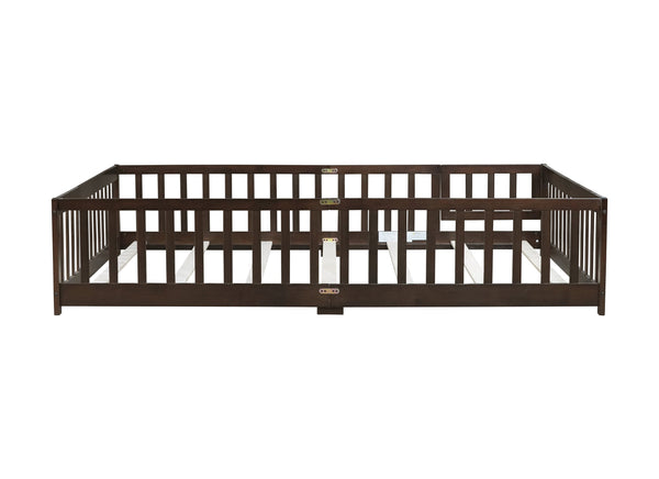 English Elm Queen Floor Bed with Safety Fence and Guardrails, Rubberwood Low Profile Platform for Kids Espresso W504P286390