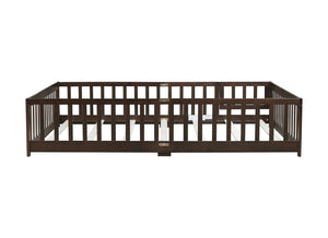 English Elm Queen Rubber Wood Floor Bed with Full Perimeter Safety Fence and Hinged Access Door Espresso W504P429342