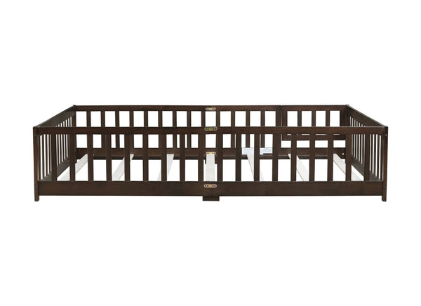 English Elm Queen Rubber Wood Floor Bed with Full Perimeter Safety Fence and Hinged Access Door Espresso W504P429342