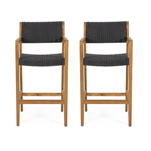 English Elm Christopher Knight Home® - GENESEE Acacia Wood Outdoor Bar Stools Set of 2 — Teak Finish Faux Rattan Seats, Handcrafted Elegance 68991.00PEBLK