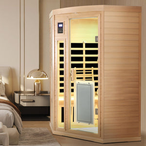 English Elm Low Emf Indoor Corner Sauna For Two – Premium Hemlock, Far-Infrared Heating, Bluetooth, Touch Control W1149S00004