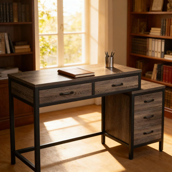 English Elm Office Writing Desk with 5 Drawers Industrial Wood and Black Metal Frame T3971P450665