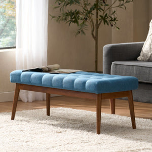 English Elm Mid-century Button Tufted Ottoman with Walnut Tapered Legs for Living Room Bedroom Blue N778P440482B