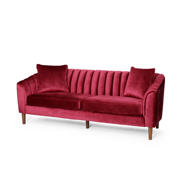 English Elm 3-seater Velvet Sofa with Button Tufting Shell Arms and Tapered Legs for Living Room Wine Red 66957.00ANVLTWINE_66957.00BNVLTWINE