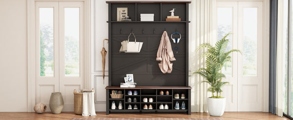 English Elm Farmhouse Hall Tree Entryway Organizer with Bench 16 Compartments and 6 Coat Hooks N721S000064B-1