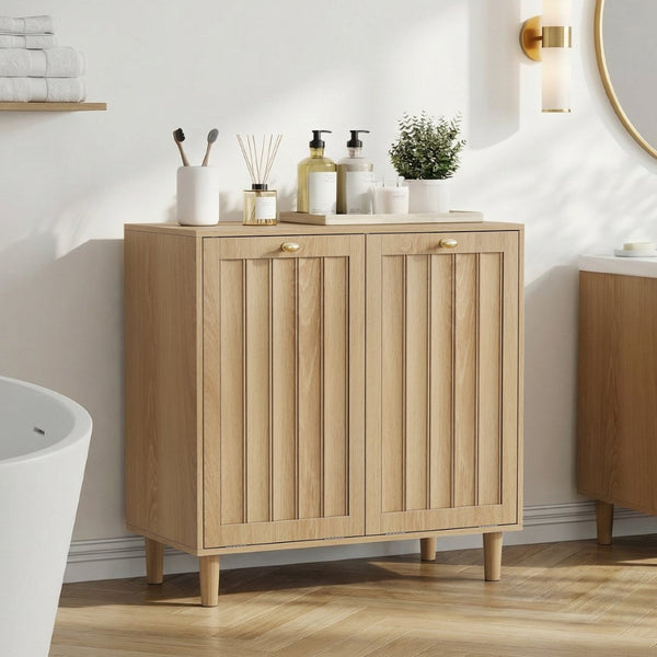 English Elm Sloping Tilt Out Laundry Cabinet with Dual Hamper Bins Oak Mdf Bathroom Storage W1706P465303