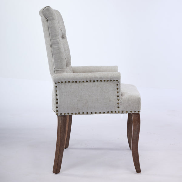 English Elm Upholstered Chenille Dining Chair with Hand-Tufted Back, Curved Solid Wood Legs, Comfortable Armseat Beige W1143P346927