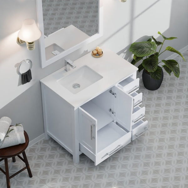 English Elm White Bath Vanity Set With Left Offset Cultured Marble Top, Chrome Faucet & Matching Mirror 36" W B2731S01328-GIGA