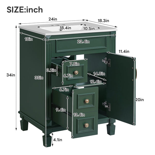 English Elm 24" Elegant Bathroom Vanity With Ceramic Sink - Space-Saving Design, 2 Drawers & Adjustable Shelf N710P318990F