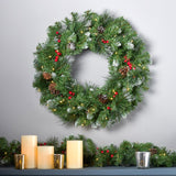 Christopher Knight Home® - Noble House - - 2-Packed 24'' Glitter Bristle Mixed Wreath With With 9 Red Berry And 9 Pine Cones And 50 Warm White Led Lights With Timer-Battery Operated-Outdoor, 150 Tips