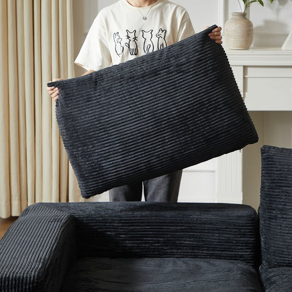 English Elm 99-Inch L-Shaped Sectional Sofa In Black Corduroy, No Assembly, Reversible Chaise & Comfort Pillows W834S00492