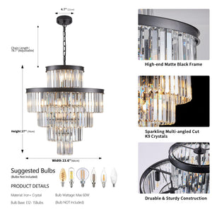 English Elm (Same As W1340P188535/L5002-600-B) 24" Luxurious 15-Light Crystal Chandelier In Black – Stunning 5-Tier Pendant For Any Space W1340P189339