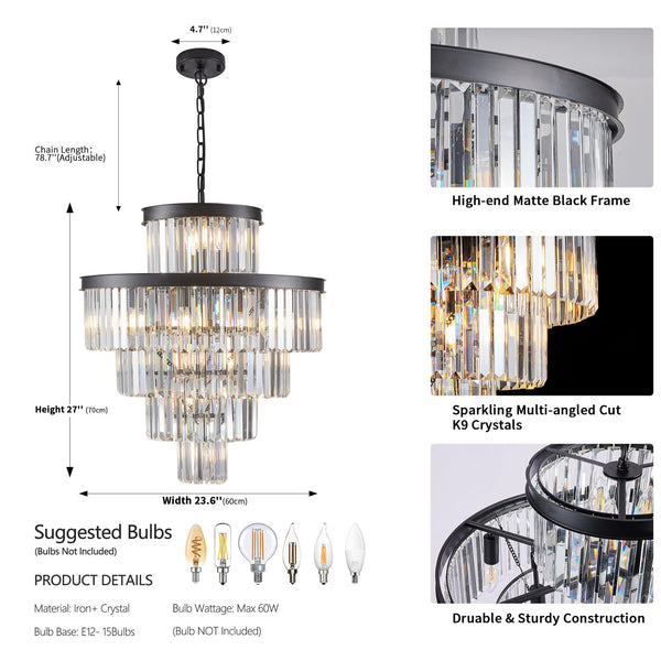 English Elm (Same As W1340P188535/L5002-600-B) 24" Luxurious 15-Light Crystal Chandelier In Black – Stunning 5-Tier Pendant For Any Space W1340P189339