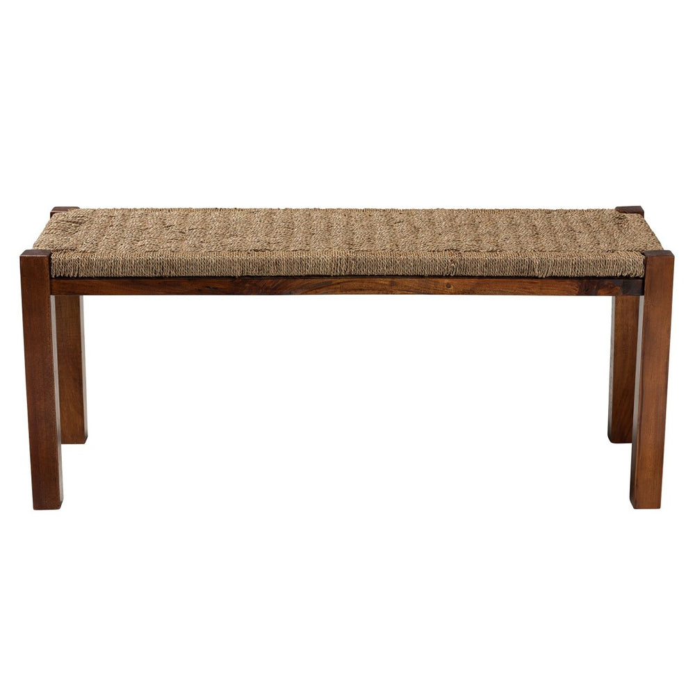 English Elm Modern Handwoven Rattan Mahogany Bench Artisan Boho Accent for Bedroom or Entryway B2750P470074