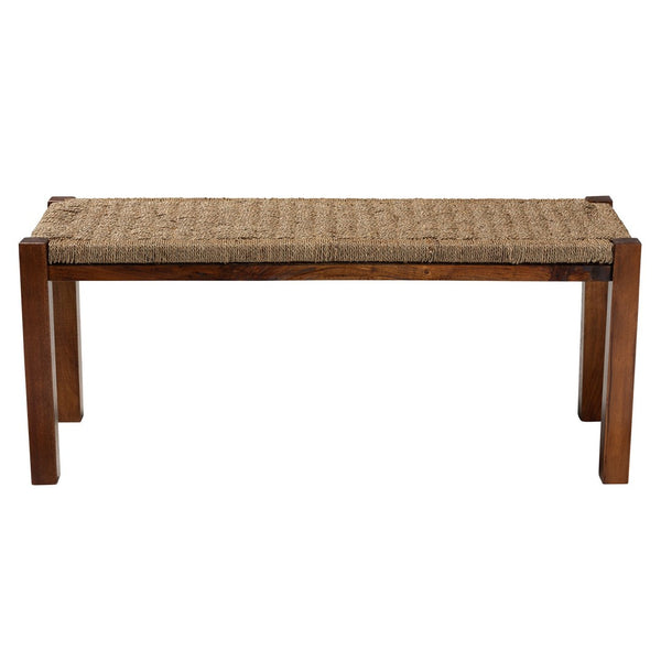 English Elm Modern Handwoven Rattan Mahogany Bench Artisan Boho Accent for Bedroom or Entryway B2750P470074