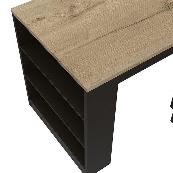 English Elm Kitchen Island Table With Two Legs And Three Stylish Side Shelves For Modern Storage Solutions B097S00132