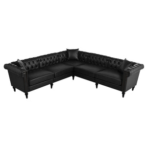 English Elm Sectional tufted Chesterfield sofa with rolled arms and nailhead trim, 5-seat reversible L-shape luxury seating for modern living spaces, durable PU leather upholstery and birch legs Black W680S00081