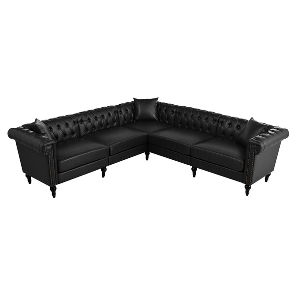English Elm Sectional tufted Chesterfield sofa with rolled arms and nailhead trim, 5-seat reversible L-shape luxury seating for modern living spaces, durable PU leather upholstery and birch legs Black W680S00081