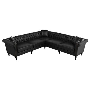 English Elm Sectional Chesterfield Sofa with Tufted Back Nailhead Trim Pu Leather 5 Seat Living Room Black W680S00112