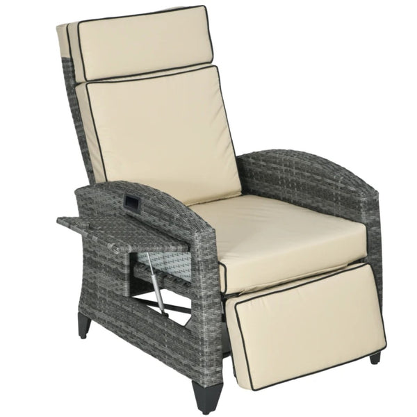 English Elm Reclining Outdoor Wicker Lounge Chair with Side Tray Thick Cushions Patio Resort T3971P444387