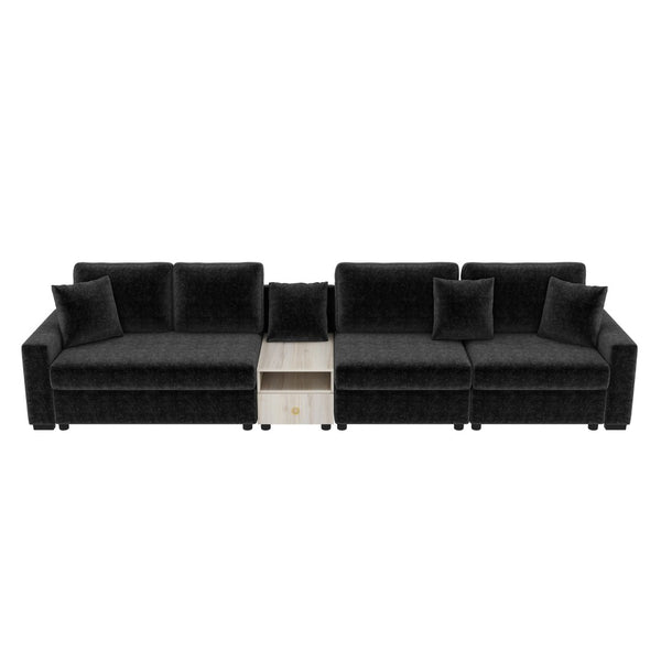 English Elm Modern Chenille Modular Sofa with Console Storage Armrest for Spacious Living Rooms Black N763S000065B
