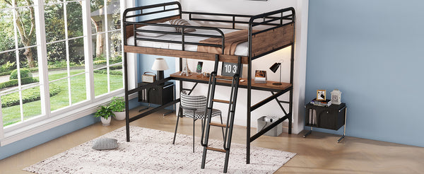 English Elm Full Size Metal Loft Bed with Desk, LED Light & Charging Station, MDF Panels, Safe Rounded Edges W2580P286695