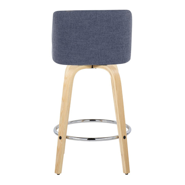 English Elm Toriano 26" Fixed Height Counter Stool Set Of 2 - Swivel Blue Fabric & Natural Wood With Chrome Footrest B202S00404-GIGA