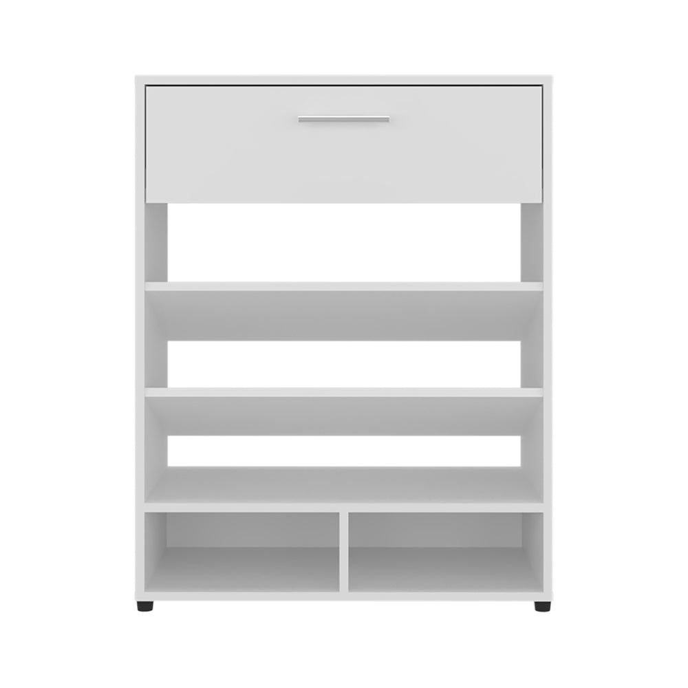 English Elm Alpine 3-Tier Shoe Rack with Drawer and Five Shelves — Compact White MDF Organizer for Entryways B200P335333