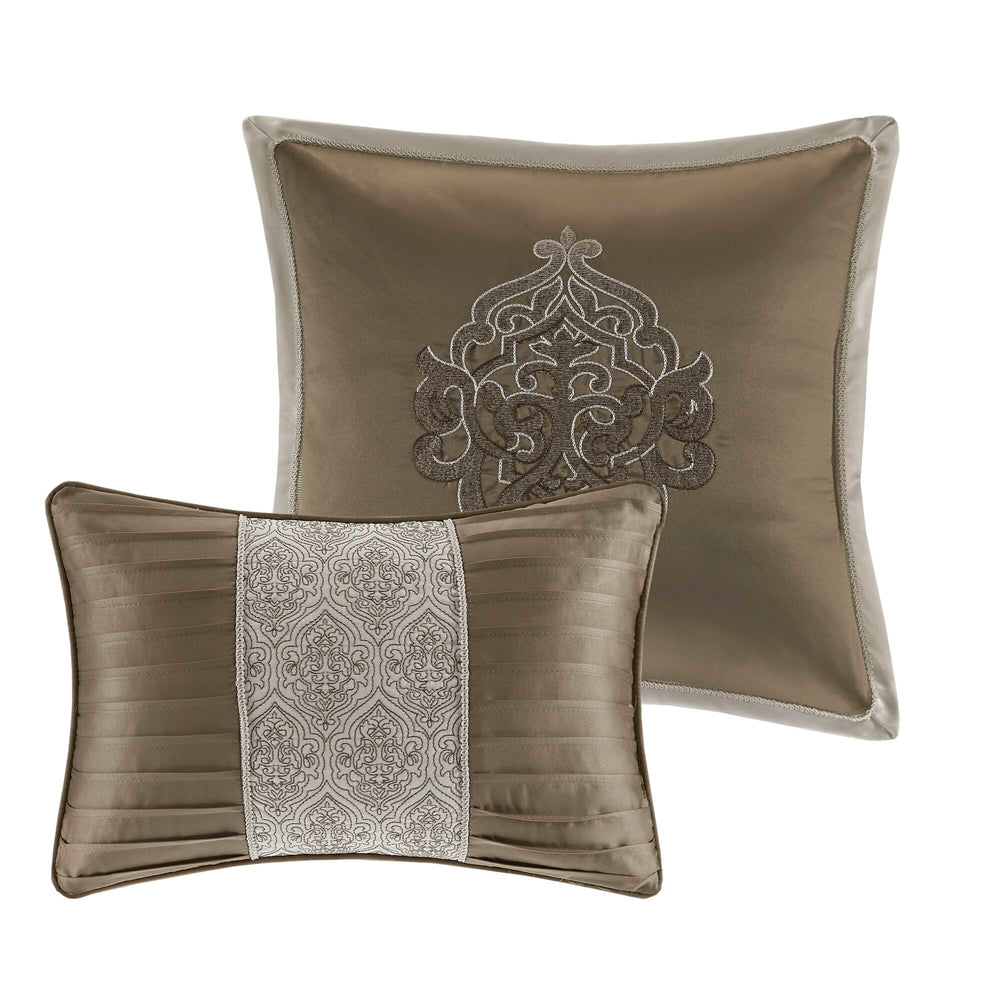 JLA Home Madison Park - 8 Jacquard Comforter Set with Damask Medallion Design, Reversible Satin-Ground Ensemble, Euro Shams & Pillows Tan/Ivory MP10-6287