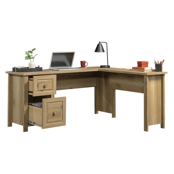 English Elm L-Shaped Desk In Warm Brown Finish - Spacious Workspace With Smart Storage & Cable Management Solutions B356P354482
