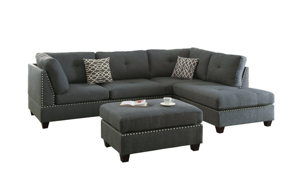 English Elm 3-PC Sectional Blue Gray Fabric Sofa Set with Reversible Chaise, Ottoman & Wood Frame, 104"W x 35"H B089S00113