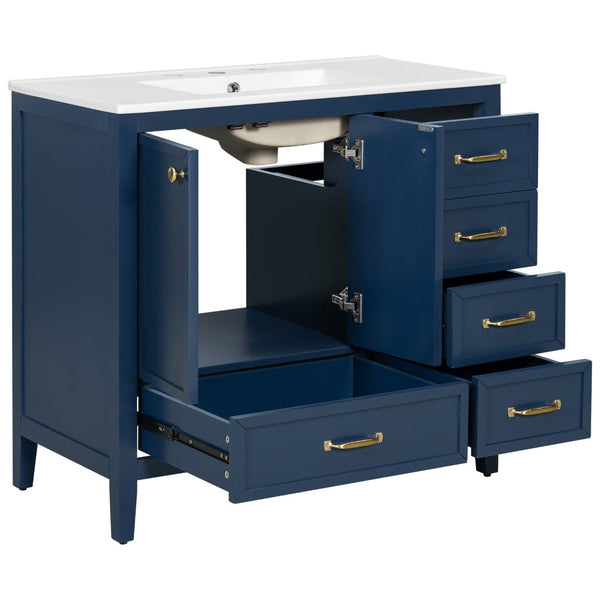 English Elm 36" Solid Pine Bathroom Vanity with Ceramic Sink 4 Soft Close Drawers Vintage Style Blue N759S293646C