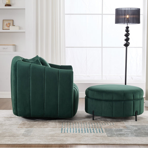 English Elm 40.35"W Stylish Green Velvet 360° Swivel Accent Barrel Chair & Storage Ottoman With 3 Pillows W3118S00010
