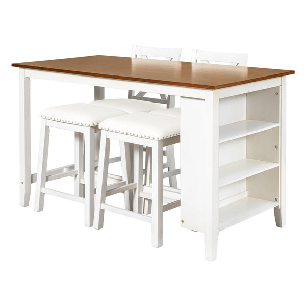 English Elm TOPMAX Counter Height Rustic Farmhouse 5-Piece Dining Set for 4 with Stacked Storage Shelves, Beige Upholstery White SP001134AAK
