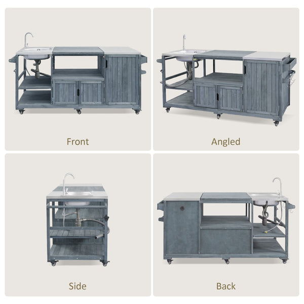 English Elm K&k Solid Fir Outdoor Kitchen Island with Sink Stainless Steel Top and Grill Cutout Grey+Blue N707S000022G