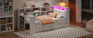 English Elm Wood Twin Size Platform Bed With Drawers, Charging Station, Led Light, Desk, & Upholstered Headboard N7090001046K-GIGA