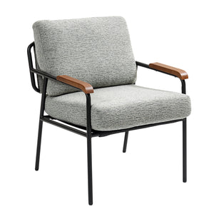 English Elm Modern Accent Chair with Natural Wood Arms, Black Metal Frame, Plush High-Rebound Cushion Comfort Grey W2215P248473