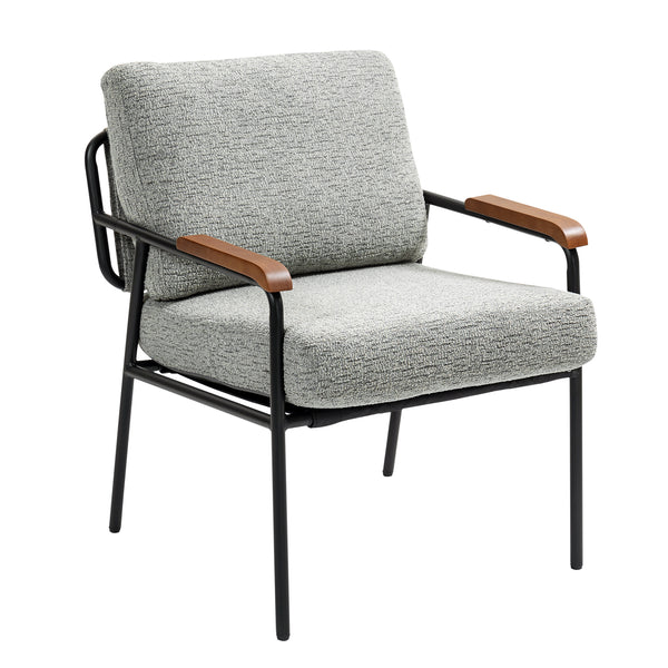 English Elm Modern Accent Chair with Natural Wood Arms, Black Metal Frame, Plush High-Rebound Cushion Comfort Grey W2215P248473