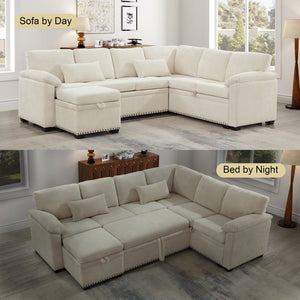 English Elm 97 Inch L-shaped Chenille Sectional Sofa with Sleeper Storage Ottoman 7 Seats Beige W1669S00017