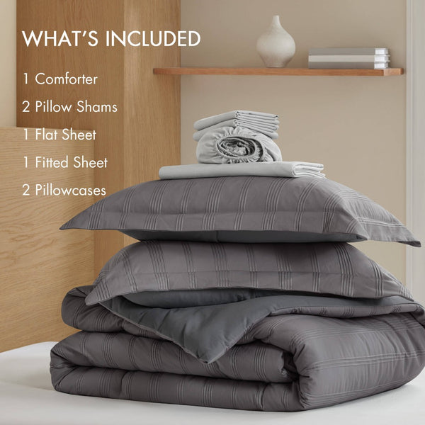 English Elm 7-piece Queen Comforter Set Woven Stripe Polyester Bedding for Neutral Minimalist Rooms Charcoal B035P463202