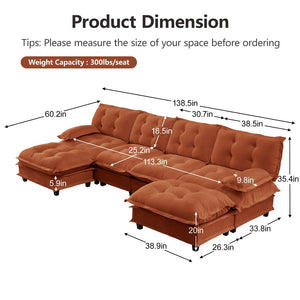 English Elm 138" U-shaped Chenille Cloud Sectional with Ottomans Deep Seat Modular Living Room Sofa Orange W714S01742