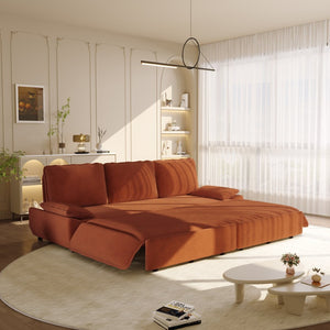English Elm 94.5" King Convertible Sleeper Sofa Corduroy Upholstered Chaise Lounge Guest Room Bed Orange W1885S00307