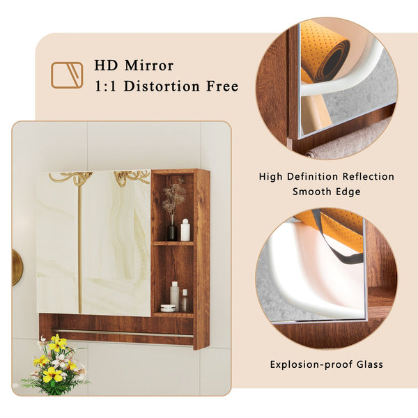 English Elm Bathroom Walnut Mirror Cabinet Wall Mounted with 4 Compartments, Towel Rack, HD Mirror, Moisture-Resistant W3226P325706