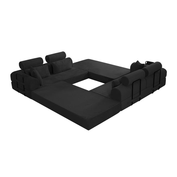 English Elm L Shaped Corduroy Sectional Sofa Converts to Sleeper Bed Space Saving Modular Couch Black W5532S00001