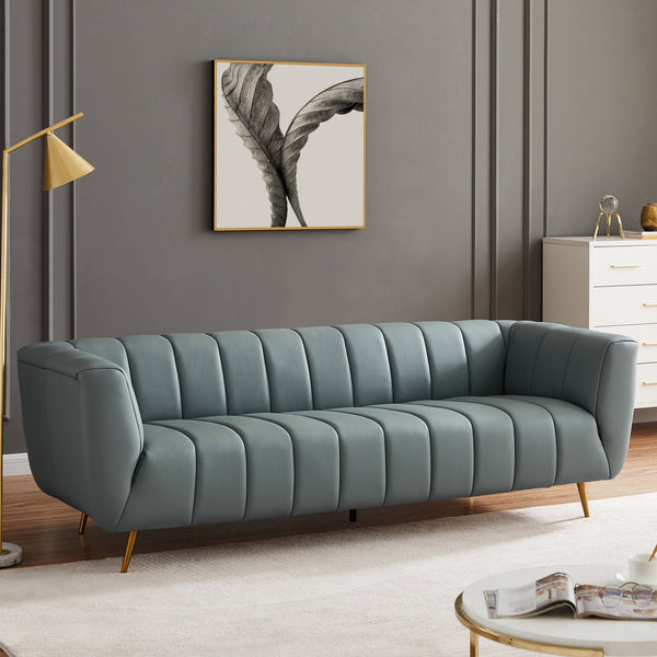 English Elm Ashcroft Furniture - LaMattina Mid-Century Modern Genuine Italian Leather Channel Tufted Sofa with Solid Wood Frame and High-Density Foam Comfort Dusty Blue,Pewter B183P231984