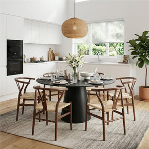 English Elm Table and Chair Set 42 Inch Round Stone Slab with Six Rope Woven Wishbone Seats W2920S00150