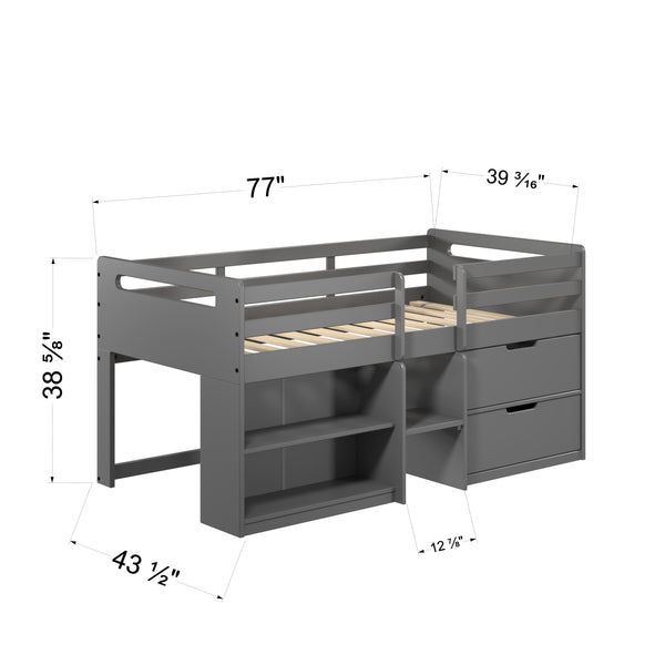 English Elm Fabiana Gray Twin Loft Bed with Storage Drawers & Open Shelves, Ladder, Slat System Included B2726S00219